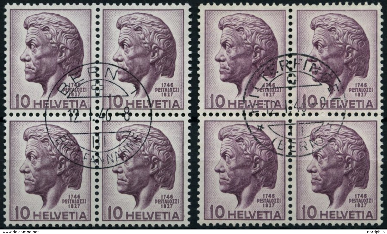 SCHWEIZ BUNDESPOST 469 VB O, 1946, 10 C. Pestalozzi, 2 Viererblocks Mit Zentrischen Ersttagsstempeln (Bern Und Hilterfin - 1843-1852 Federal & Cantonal Stamps