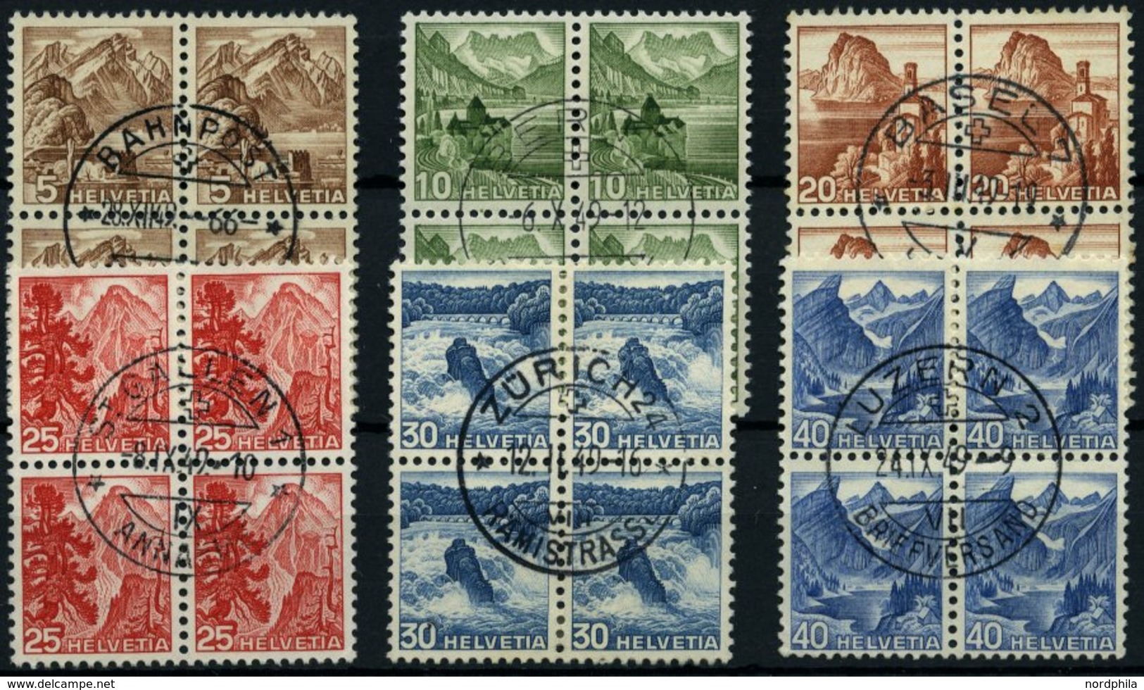 SCHWEIZ BUNDESPOST 500-05 VB O, 1948, Landschaften In Zentrisch Gestempelten Viererblocks, Prachtsatz - 1843-1852 Correos Federales Y Cantonales