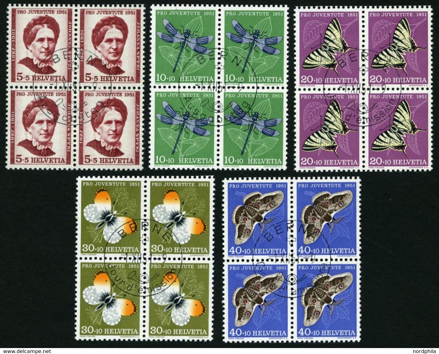 SCHWEIZ BUNDESPOST 561-65 VB O, 1951, Pro Juventute In Viererblocks Mit Zentrischen Ersttagsstempeln, Prachtsatz - 1843-1852 Poste Federali E Cantonali