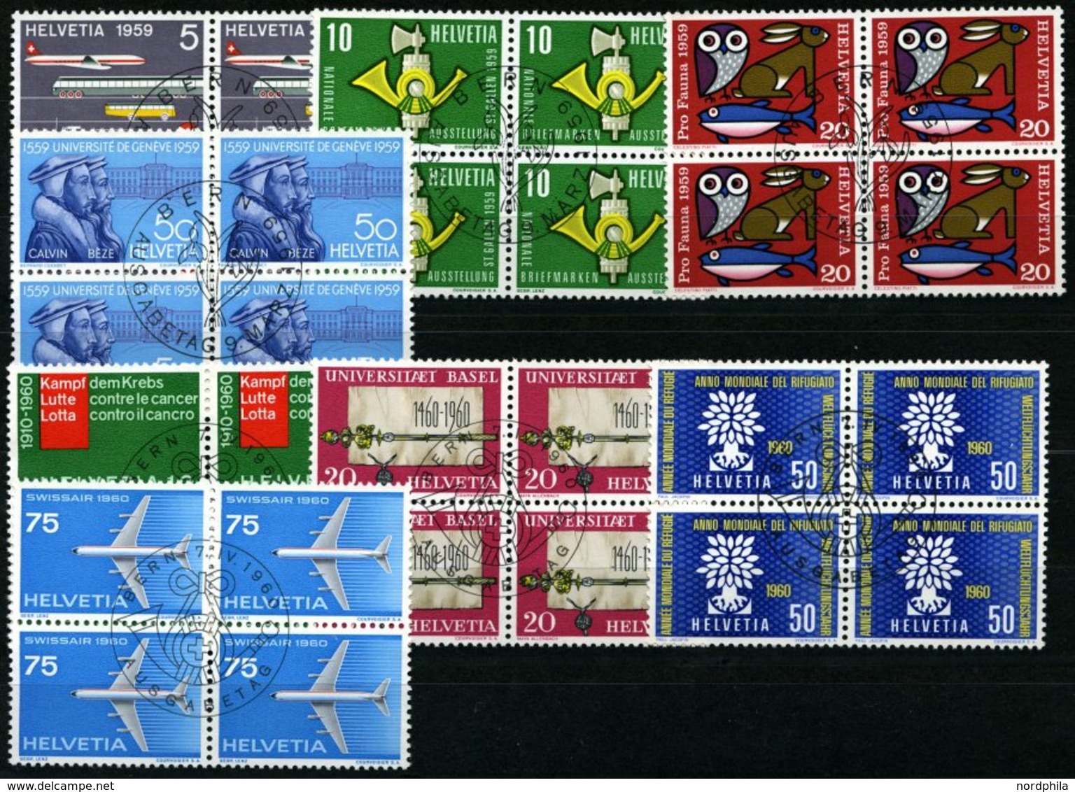 SCHWEIZ BUNDESPOST 668-71,692-95 VB O, 1959/60, Jahresereignisse In Viererblocks Mit Zentrischen Ersttagsstempeln, Prach - 1843-1852 Federal & Cantonal Stamps