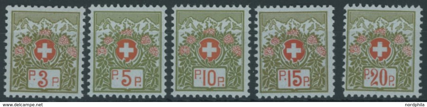 PORTOFREIHEITSMARKEN Pf 3-7II **, 1911-21, 3 - 20 C. Alpenrose, Ohne Kontrollnummer, 5 Postfrische Prachtwerte, Mi. 69.3 - Franchigia