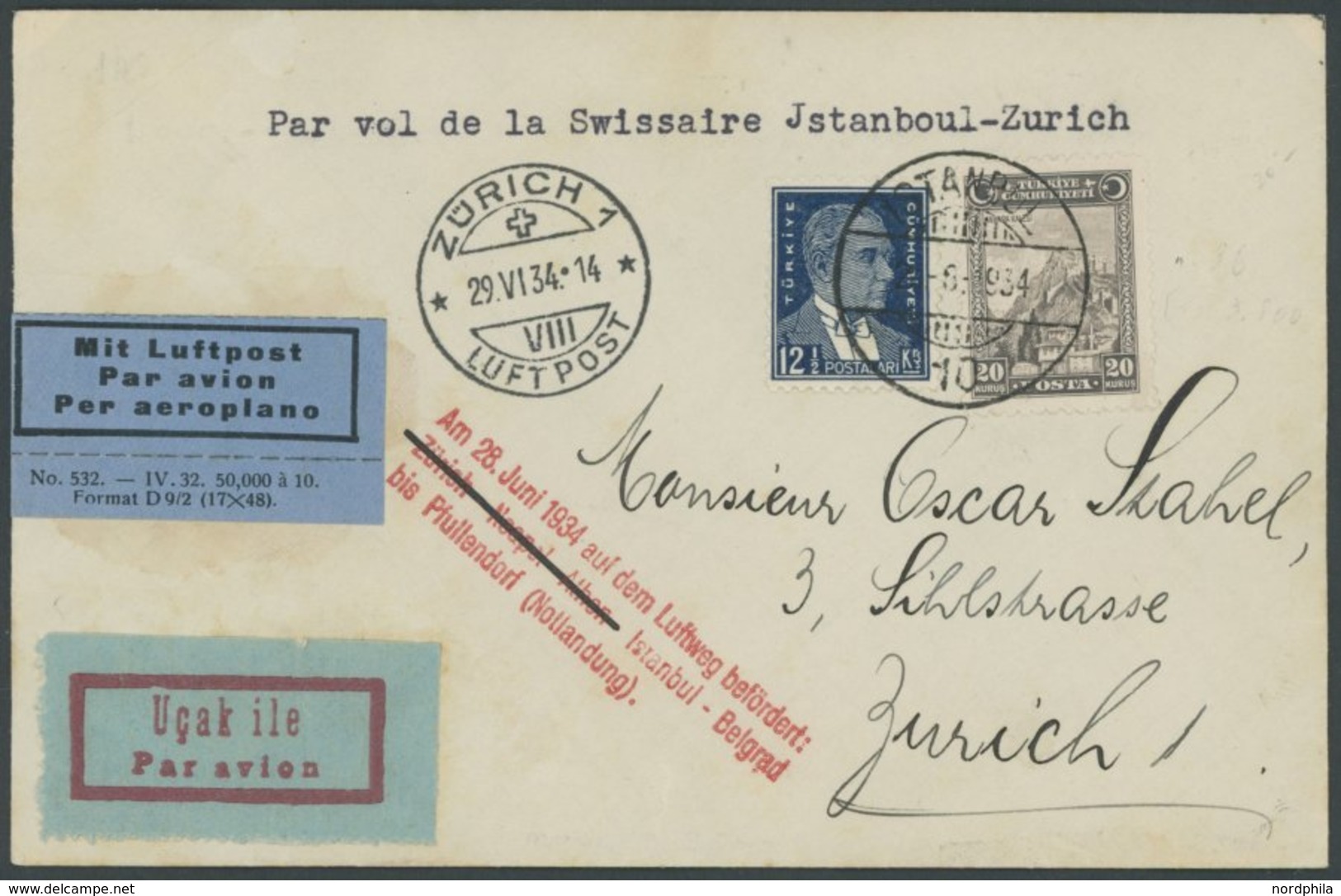 LUFTPOST 26.6.1934, SWISSAIR BALKANFLUG, Istanbul - Türkei, Mit Rotem Notlandungs-L3, Prachtbrief, Nur 47 Belege Beförde - Primi Voli