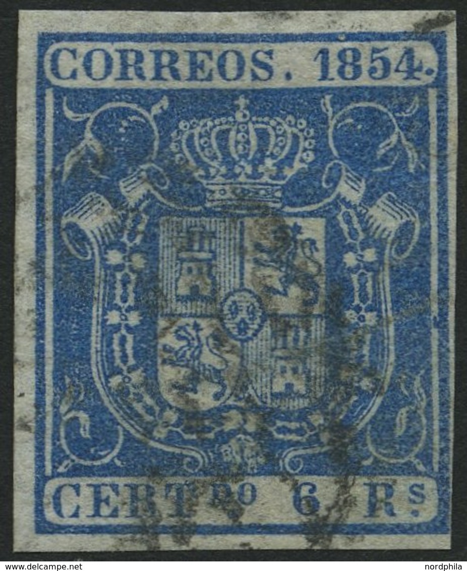 SPANIEN 30w O, 1854, 6 R. Blau, Dünnes Weißes Papier, Pracht, Mi. 300. - Usati