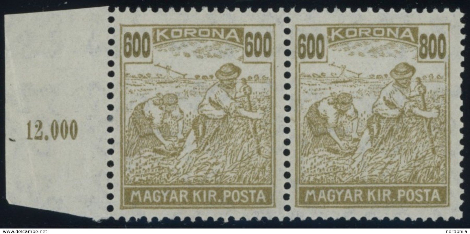 UNGARN 394I **, 1924, 600 Kr. Gelboliv Mit Abart Rechts Ziffer 800, Im Waagerechten Paar Mit Normaler Marke, üblich Gezä - Otros & Sin Clasificación