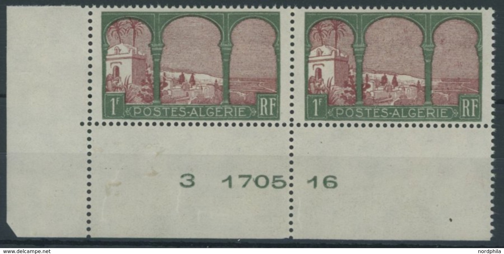 ALGERIEN 52 **, 1926, 1 Fr. Landschaften Mit Abart Abgesägter Baum (Yvert 51c), Im Paar Aus Der Bogenecke Mit Normaler M - Algeria (1962-...)