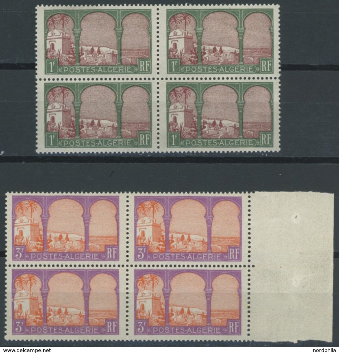 ALGERIEN 52,56I **, 1926, 1 Und 3 Fr. Landschaften Mit Abart 5. Baum Im Mittelbogen, Je Im Viererblock Mit Normalen Mark - Argelia (1962-...)