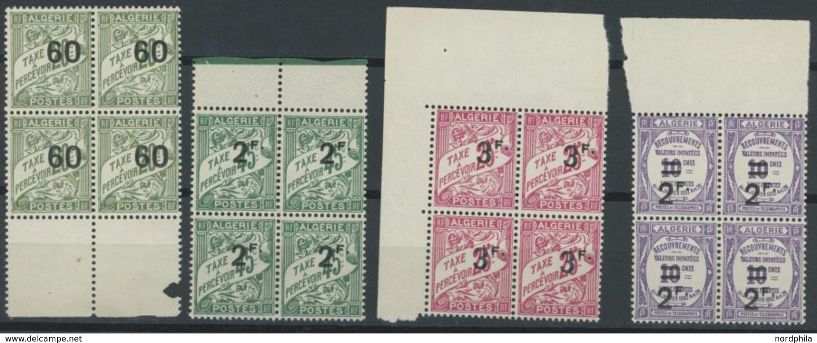 ALGERIEN P 18-20,24 VB **, Portomarken: 1927, 60 C. - 3 Fr. Und 2 Fr. Auf 10 C. Postauftragsmarken In Viererblocks, Post - Algerien (1962-...)