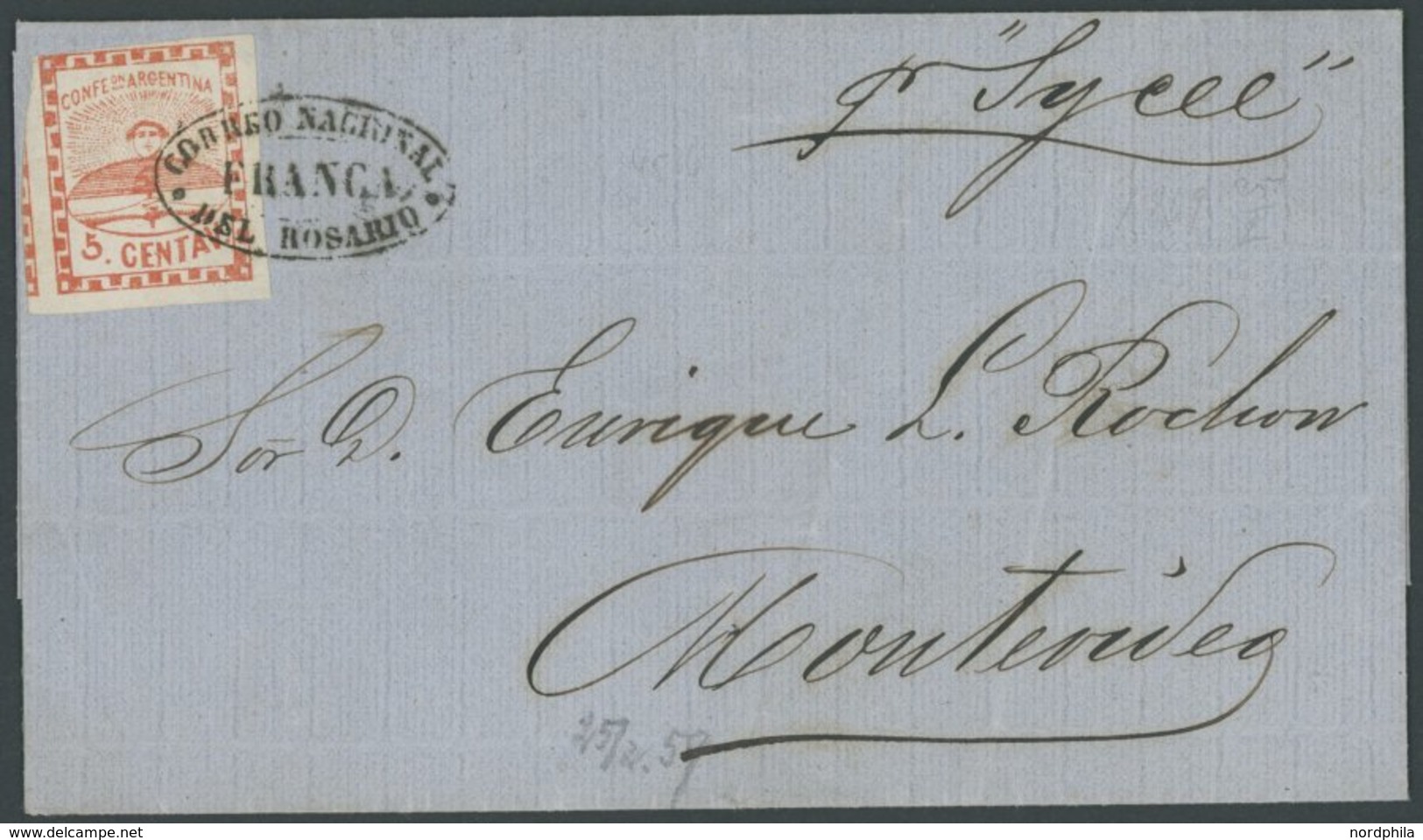 ARGENTINIEN 1a BRIEF, 1859, 5 C. Hellrot Mit Ovalstempel FRANCA DSL ROSARIO Auf Brief Nach Montevideo, Pracht - Other & Unclassified