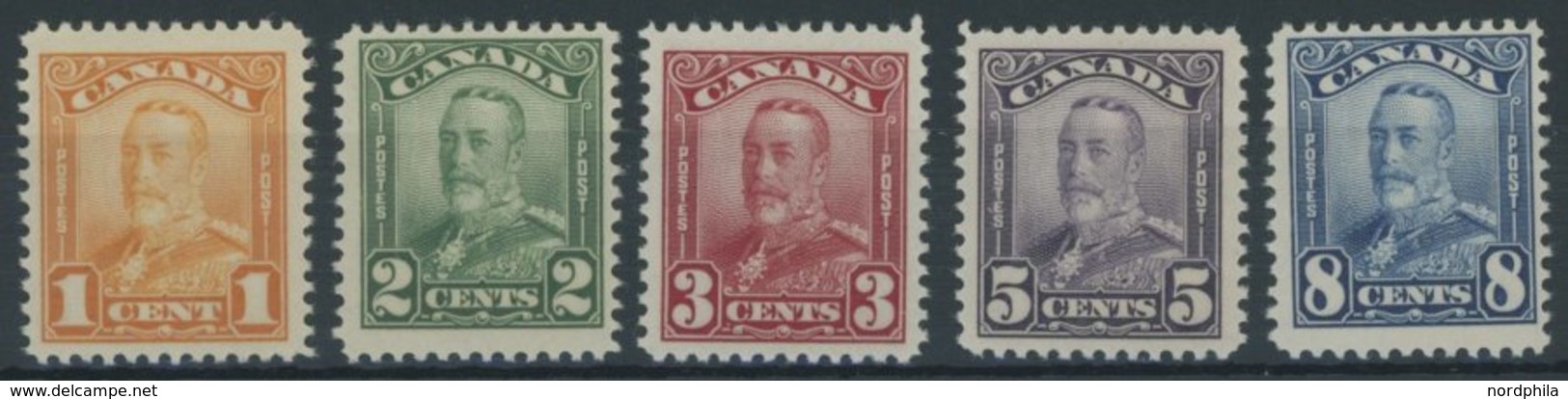 KANADA 128-30,132/3A **, 1928, 1 - 3, 5 Und 8 C. König Georg V., Vierseitig Gezähnt, 5 Postfrische Prachtwerte - Usados