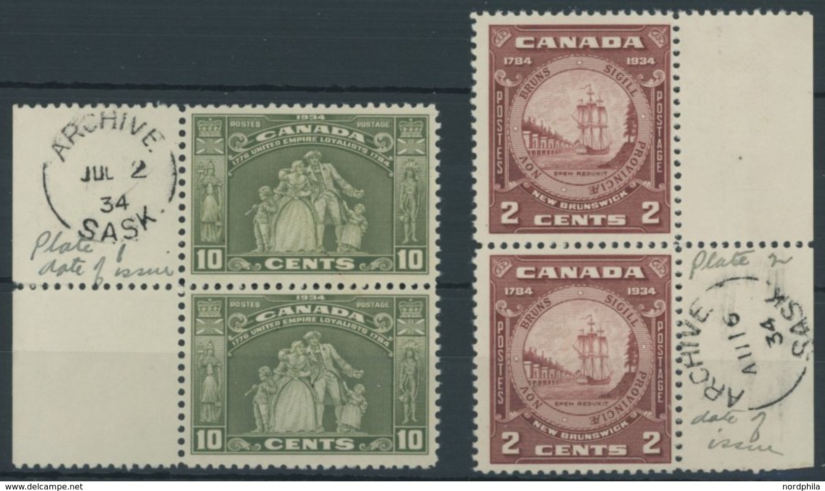KANADA 176/7 Paar **, 1934, 10 C. Auswanderung Und 2 C. New Brunswick In Senkrechten Paaren, Mit Stempel Im Rand ARCHIVE - Usados