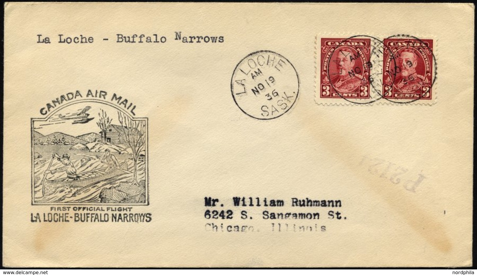 KANADA 144 BRIEF, 19.11.1936, Erstflug LA LOCHE-BUFFALO NARROWS (Teiletappe), Prachtbrief, Müller 286a - Used Stamps