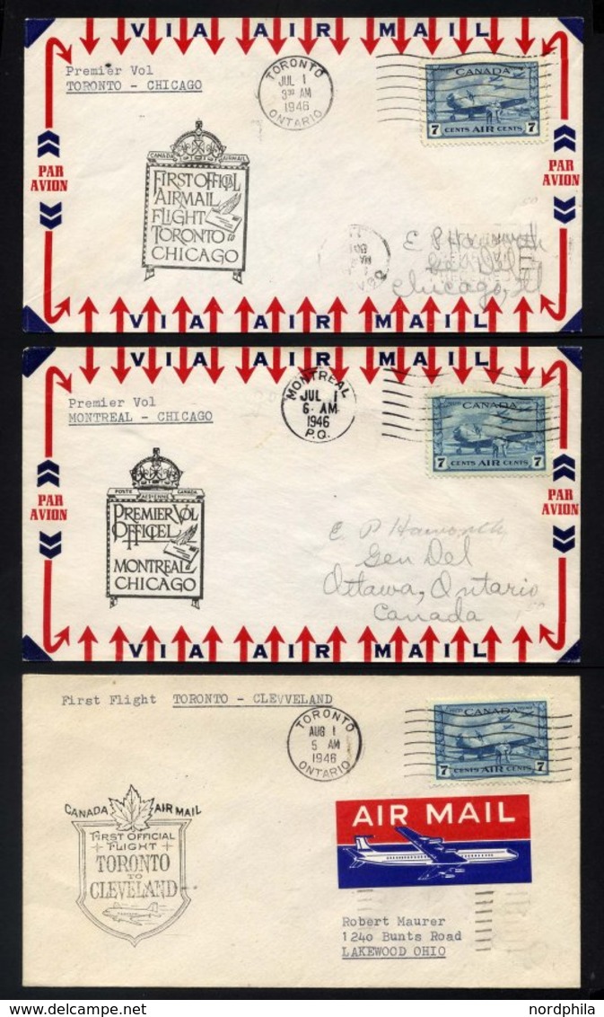 KANADA 351a,352 BRIEF, 1946, 3 Verschiedene Erstflüge: TORONTO-CHICAGO, MONTREAL-CHICAGO (beide 1.7.), TORONTO-CLEVELAND - Used Stamps