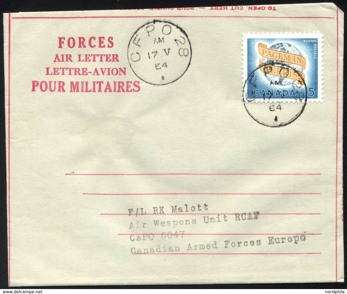 KANADA 360 BRIEF, 1964, 5 C. Weltfrieden Mit K1 CFPO 28 Auf Feldpost-Aerogramm Des Kanadischen UN-Kontingentes Aus Zyper - Used Stamps