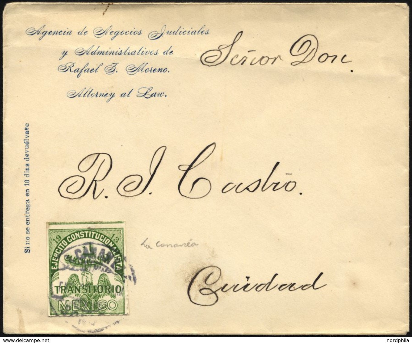 MEXIKO 269II BRIEF, 1913, 1 C. Gelbgrün, Ohne Kontrollanhänger, Auf Revolutionsbeleg Aus Dem Staate Sonora, Diese Stempe - México
