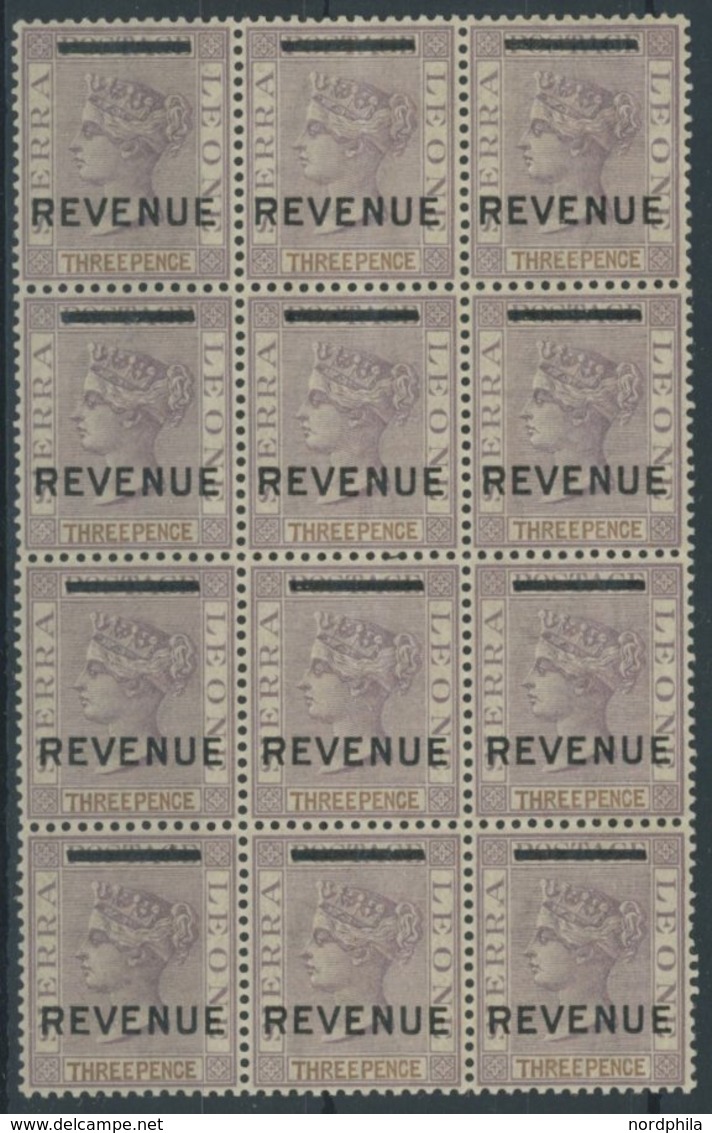 SIERRA LEONE **, Stempelmarke: 1883, 3 P. Lila Mit Aufdruck REVENUE, Wz. CA, Im Postfrischen 12er-Block, Pracht - Sierra Leona (1961-...)