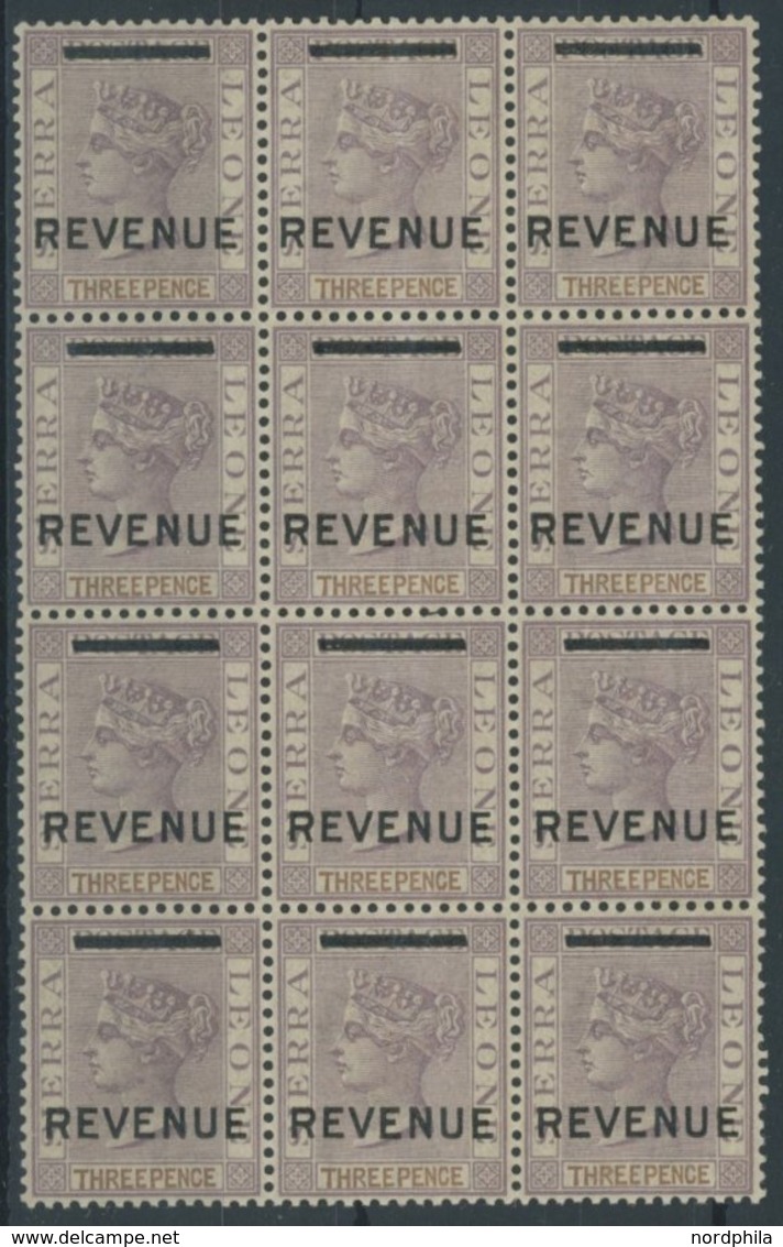 SIERRA LEONE **, Stempelmarke: 1883, 3 P. Lila Mit Aufdruck REVENUE, Wz. CA, Im Postfrischen 12er-Block, Pracht - Sierra Leone (1961-...)