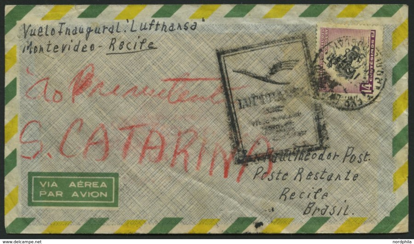 URUGUAY 785 BRIEF, 16.4.1957, LH-Flug Montevideo-Recife, Prachtbrief, R! - Uruguay