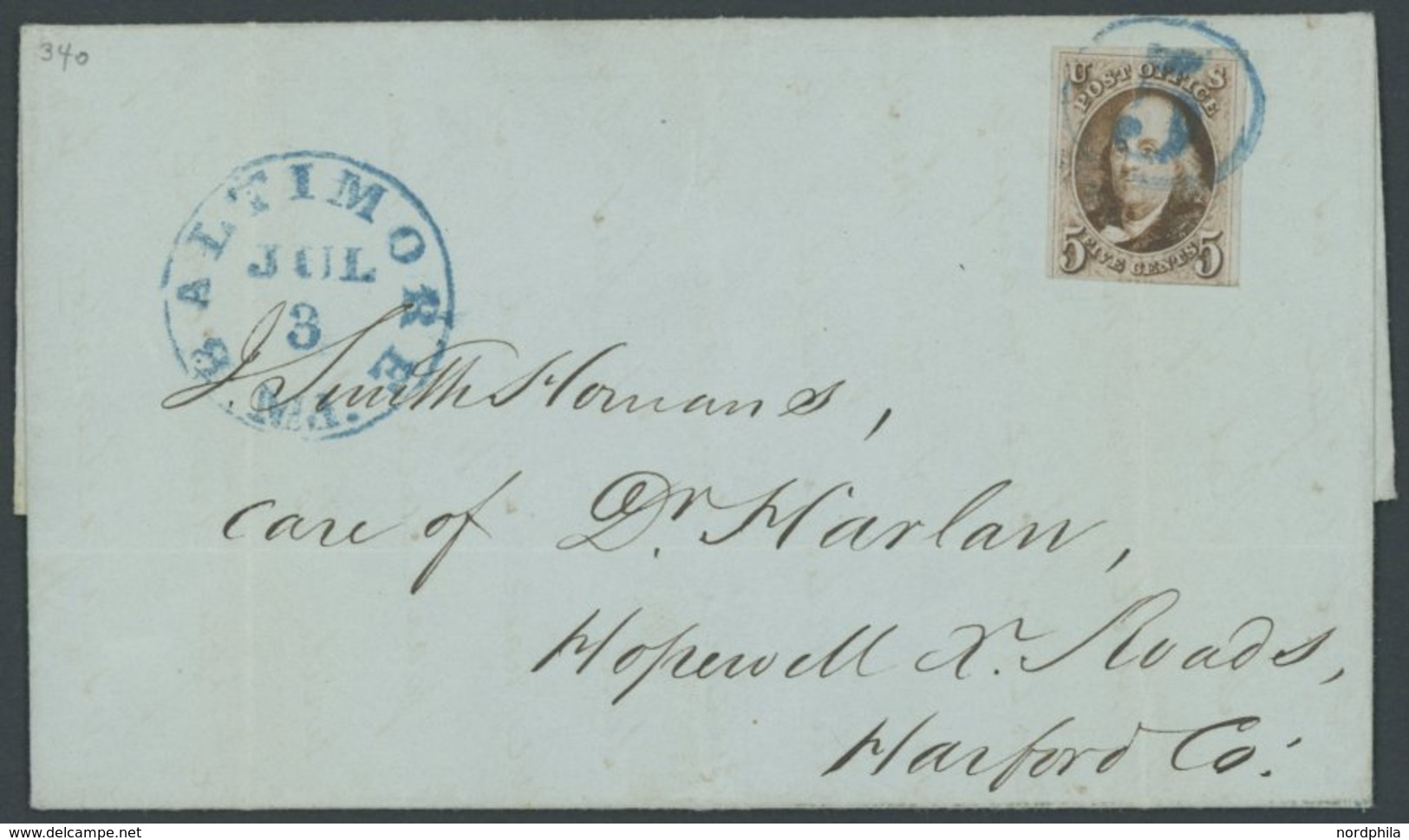 USA 1 BRIEF, Scott 1, 1848, 5 C. Rotbraun Mit Blauem Nummernstempel 5 Auf Brief Aus BALTOMORE, Unten Berührt Und Senkrec - Other & Unclassified