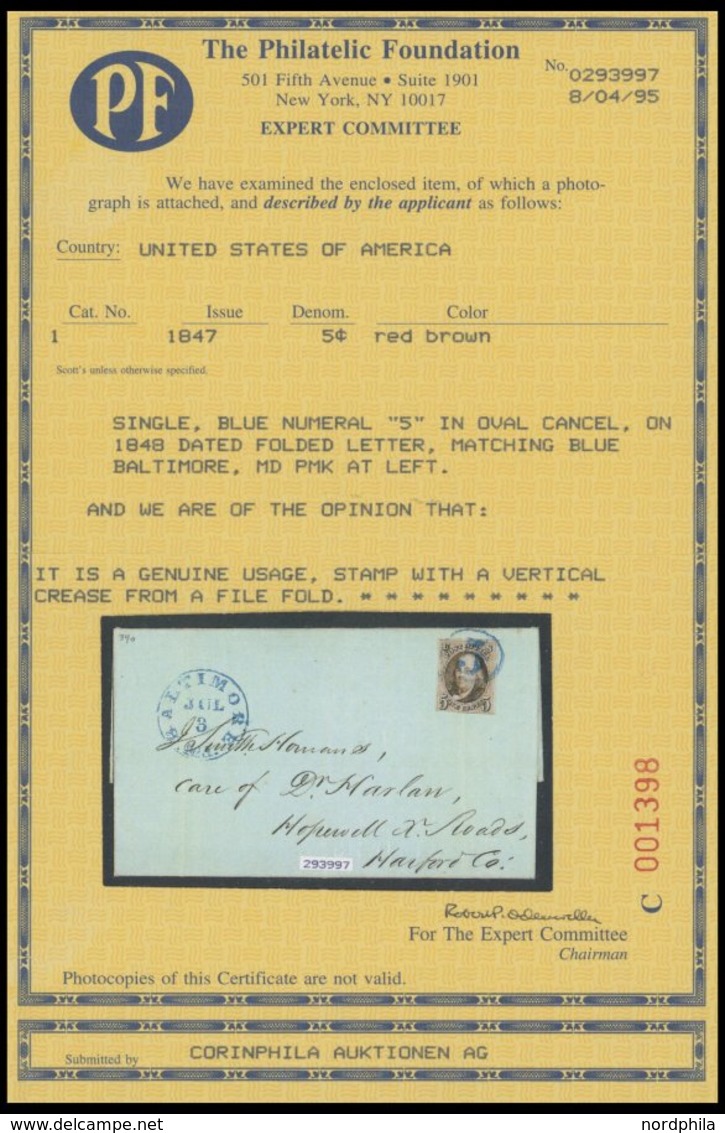 USA 1 BRIEF, Scott 1, 1848, 5 C. Rotbraun Mit Blauem Nummernstempel 5 Auf Brief Aus BALTOMORE, Unten Berührt Und Senkrec - Other & Unclassified