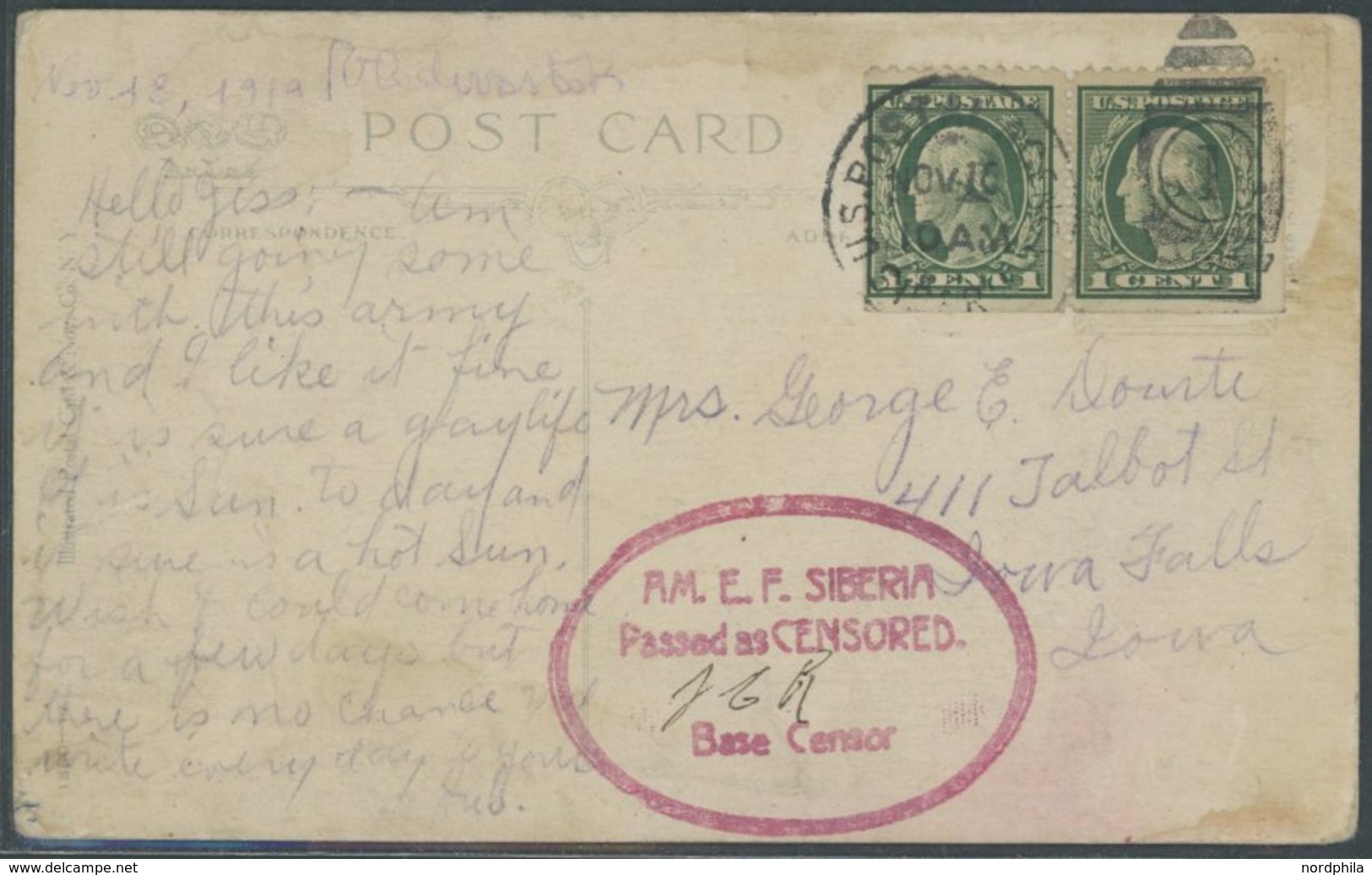 USA 1919, SIBERIA US POSTAL AGENCY, Frankiert Militär-Ansichtskarte Mit Rotem Ovalstempel AM.E.F.SIBERIA PASSED AS CENSO - Autres & Non Classés