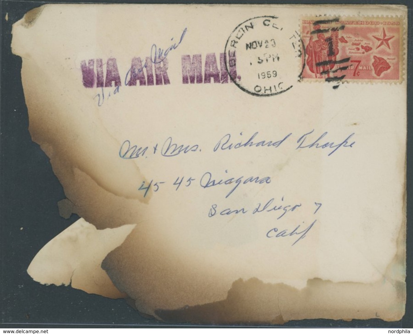 US-FLUGPOST 1959 Aufkleber CHICAGO POST OFFICE ENCLOSURE RECOVEREO FROM PLANE WRECK 11-24-59, Rückseitig Auf Angebrannte - 1c. 1918-1940 Lettres