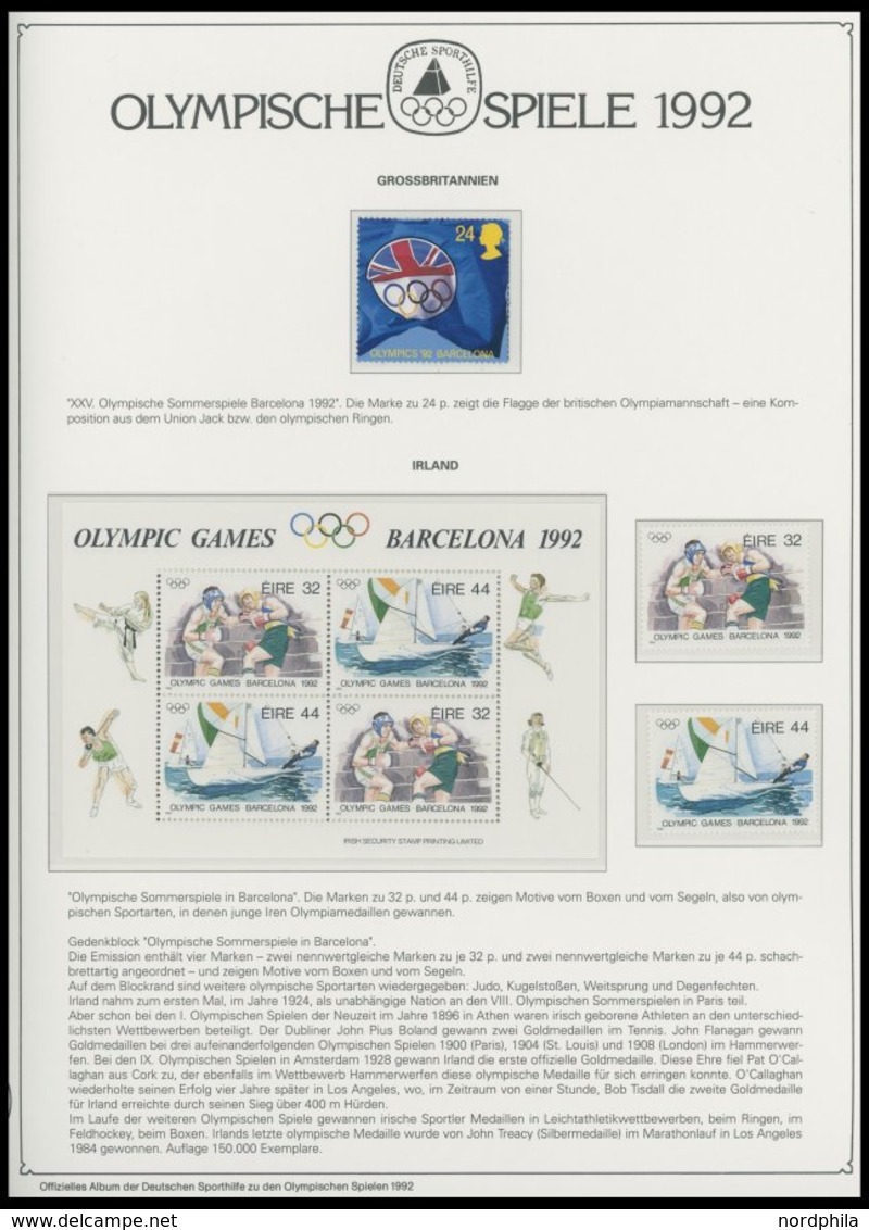 SPORT **,Brief , Olympische Spiele 1992 auf Spezial Falzlosseiten der Deutschen Sporthilfe mit Blocks, Streifen, Markenh