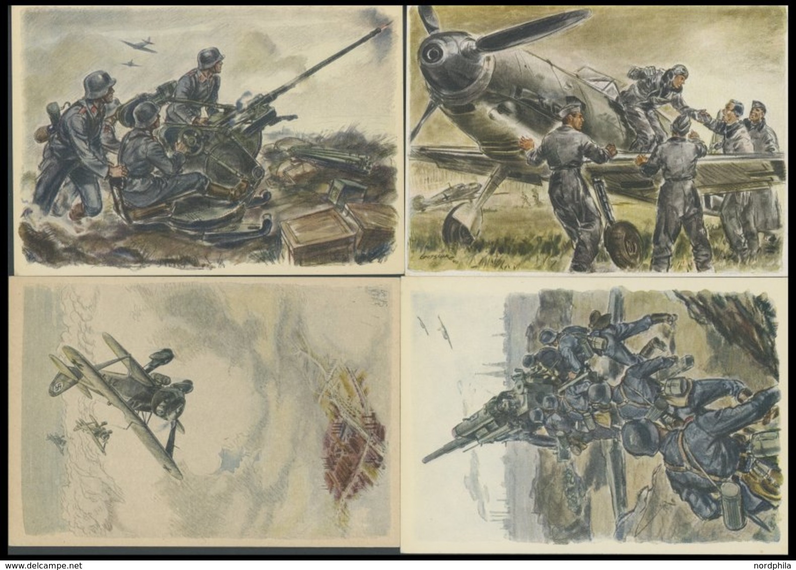 PROPAGANDAKARTEN Deutsche Luftwaffe, 4 Verschiedene Farbige Künstlerkarten, 1x Leer Gestempelt, Pracht - Other & Unclassified