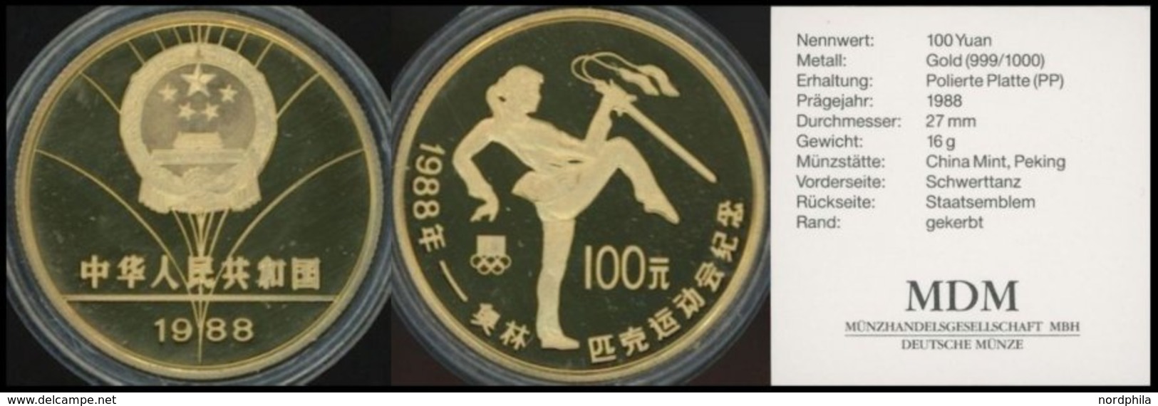 MÜNZEN China: 1988, 100 Yuan Goldmünze Olympiade Seoul Schwerttänzerin, PP - Other & Unclassified