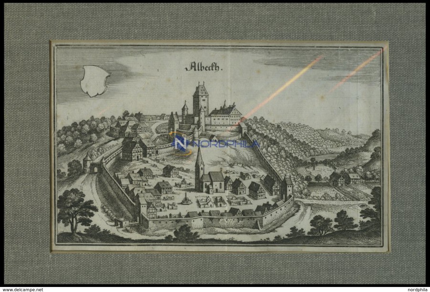 ALBECK, Gesamtansicht, Kupferstich Von Merian Um 1645 - Lithografieën