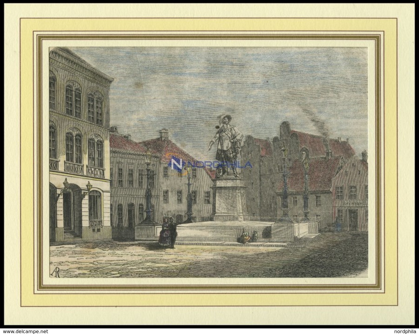 BREMEN: Die Gustav-Adolph-Statue, Kolorierter Holzstich Von 1858 - Litografia