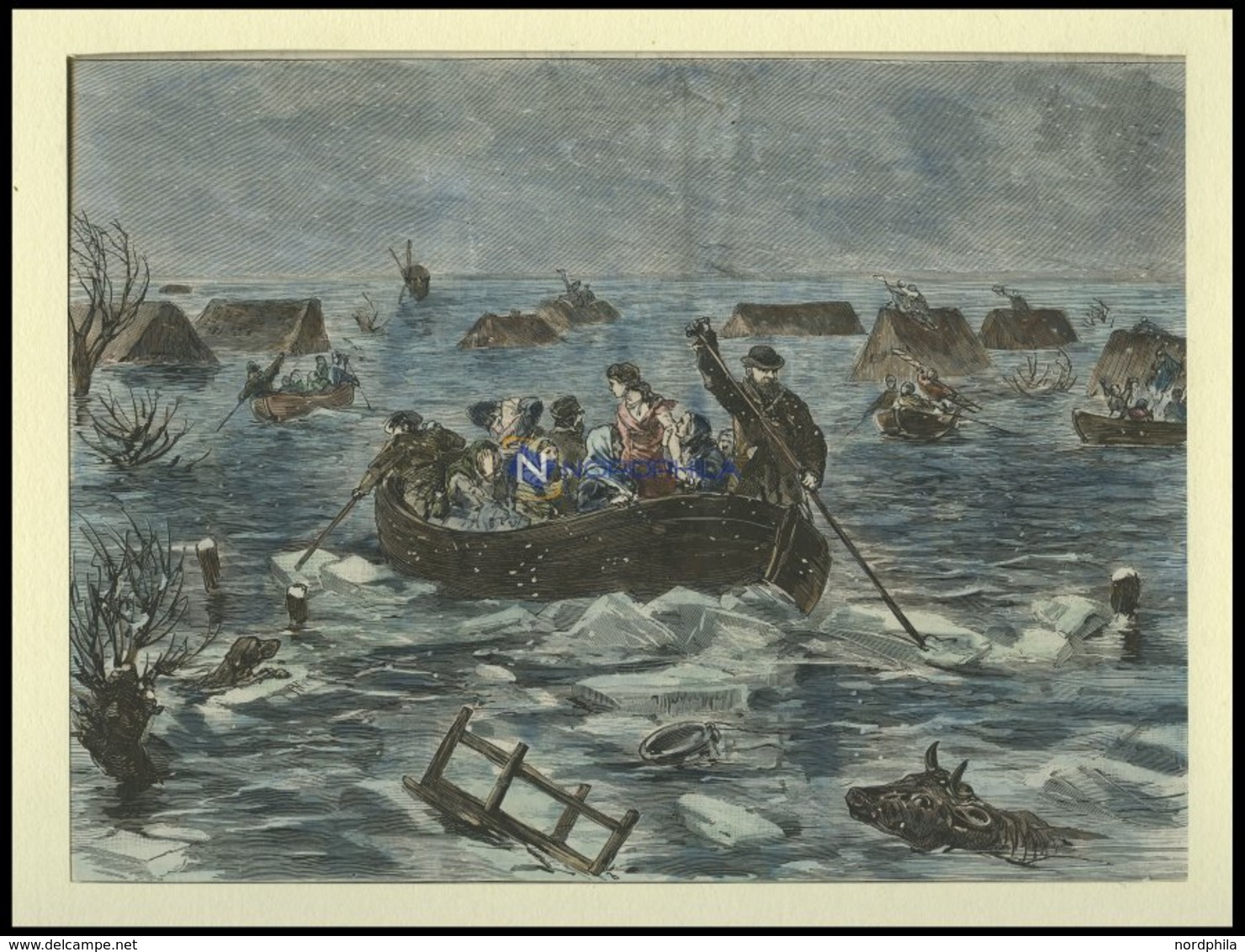 Die ELBE: Überschwemmung Der Niederelbe, Kolorierter Holzstich Nach Arnould Von 1888, - Litografia