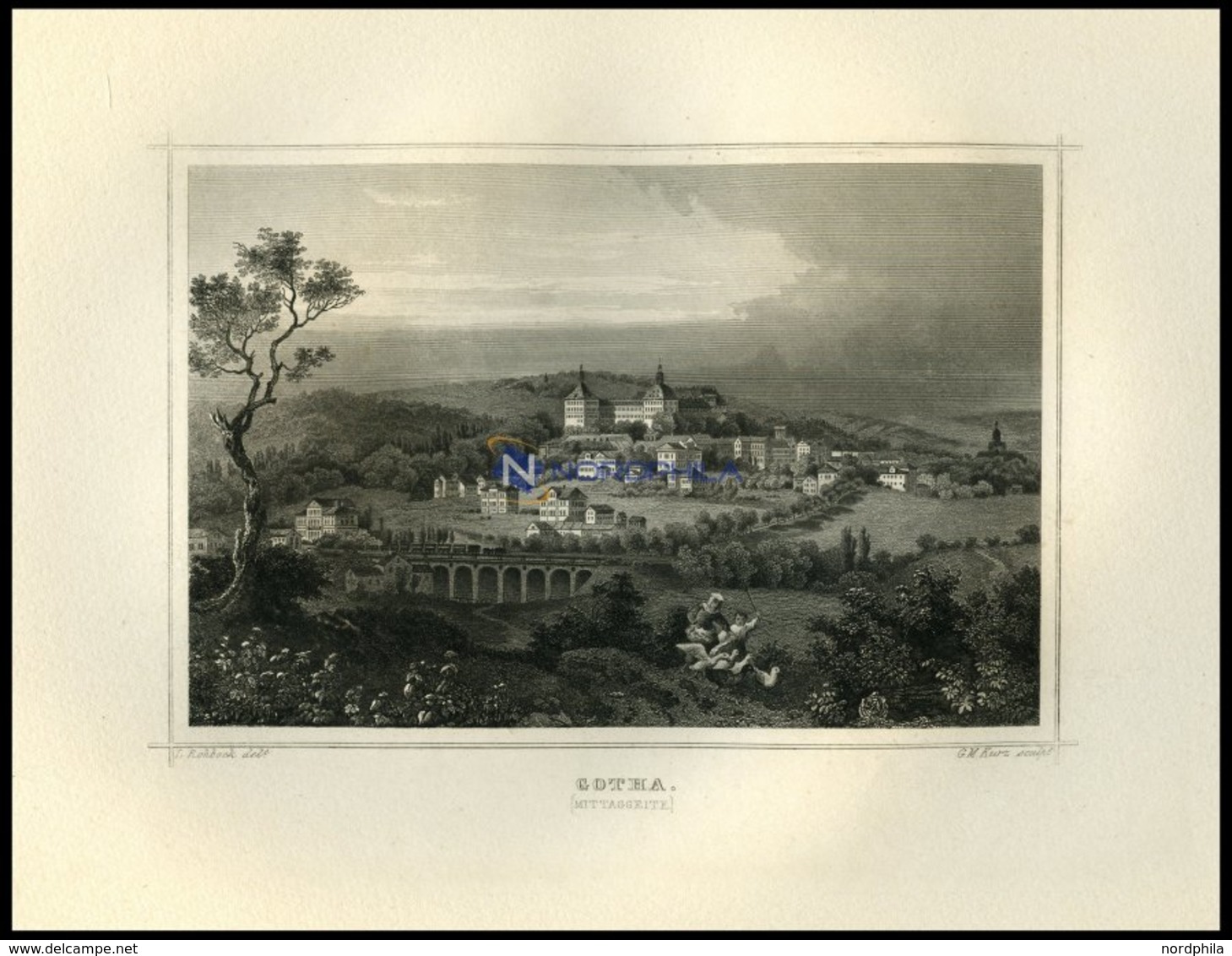 GOTHA, Gesamtansicht Mit Magd Und Gänsen Im Vordergrund, Stahlstich Von Rohbock/Kurz Um 1850 - Lithographies