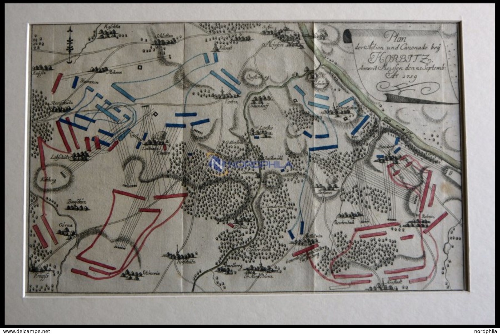 KORBITZ, Schlacht Vom 21.9.1759, Altkolorierter Kupferstich Von Ca. 1760 - Lithographies