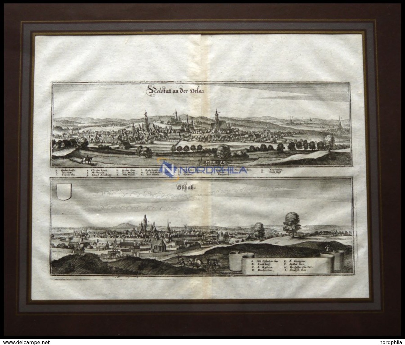 NEUSTADT A.D.ORLA Und OSCHATZ, 2 Gesamtansichten Auf Einem Blatt, Kupferstich Von Merian Um 1645 - Litografía