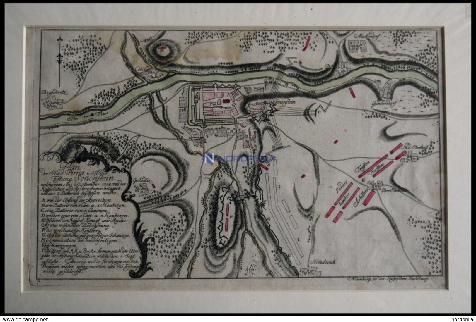 PIRNA Und SONNENSTEIN, Plan Mit Umgebung Vom 5.9.1758, Altkolorierter Kupferstich Von Ben Jochai Bei Raspische Buchhandl - Lithographies