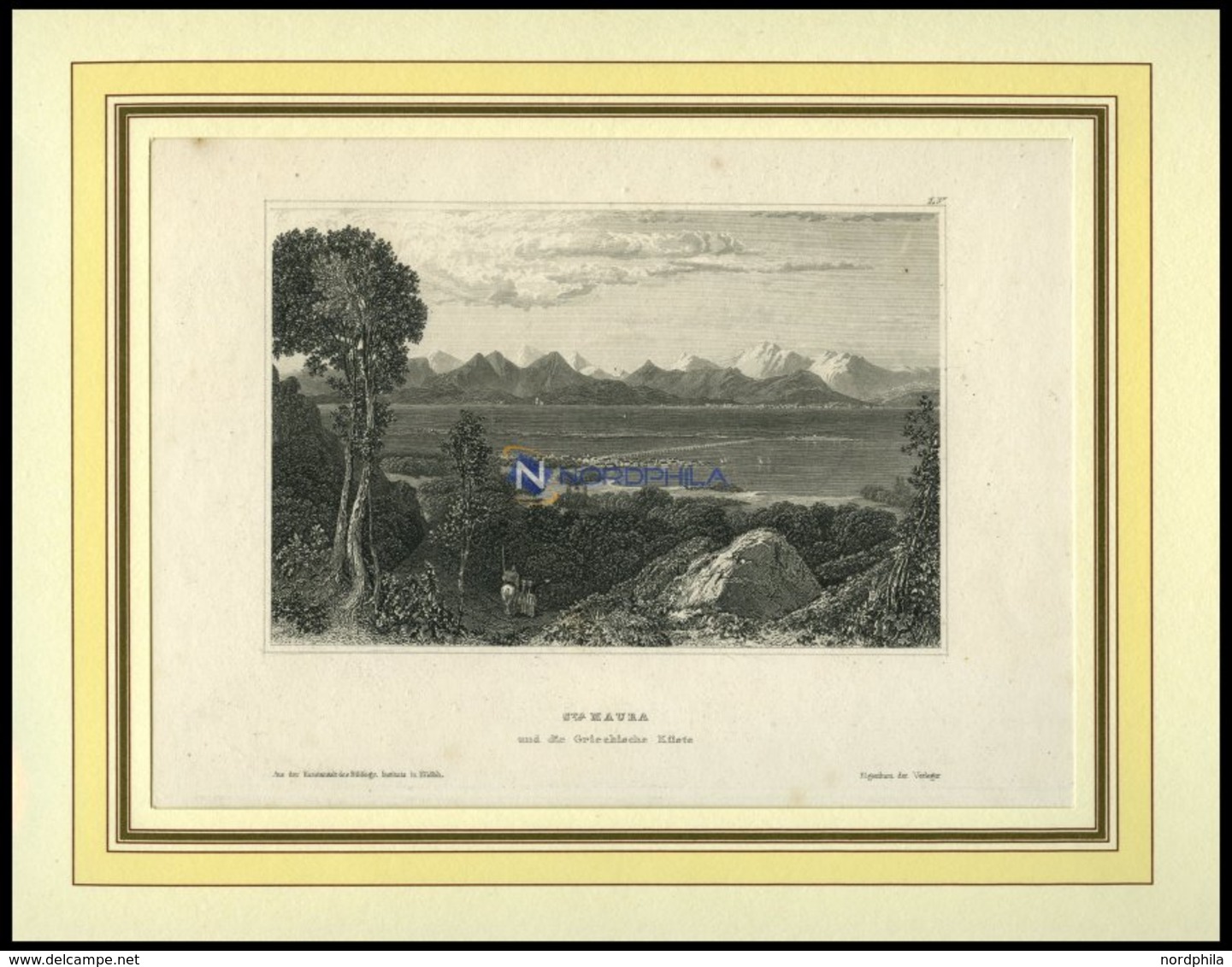 ST.MAURA Und Die Griechische Küste, Stahlstich Von B.I. Um 1840 - Litografía