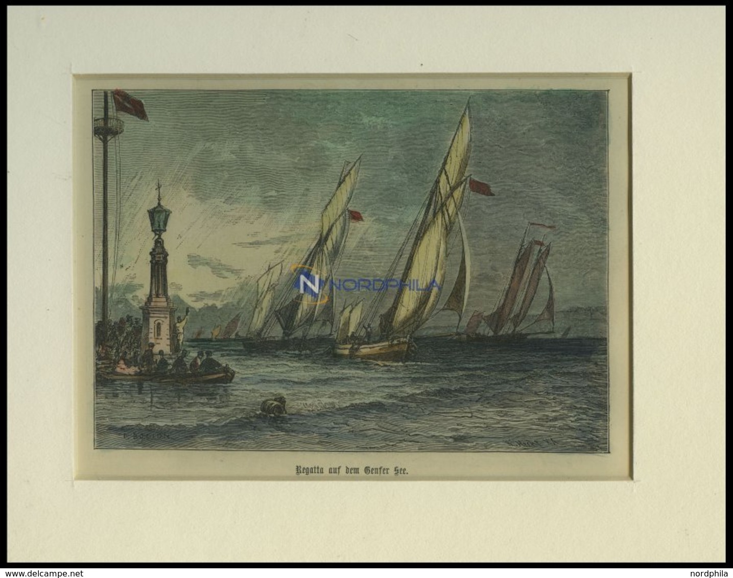 GENFER SEE: Boote Auf Dem See, Kolorierter Holzstich Um 1880 - Litografia