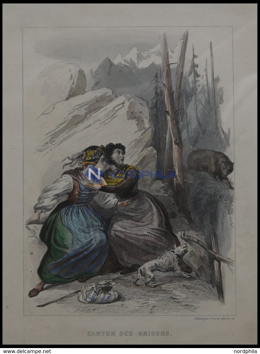 KANTON GRAUBÜNDEN (Canton Des Grisons), Szene In Den Bergen: 2 Frauen Suchen Hinter Einem Felsvorsprung Schutz Vor Einem - Lithographies