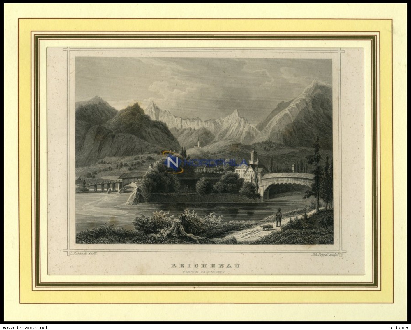 REICHENAU/GRAUBÜNDEN, Teilansicht, Stahlstich Von Rohbock/Poppel Um 1840 - Litografia