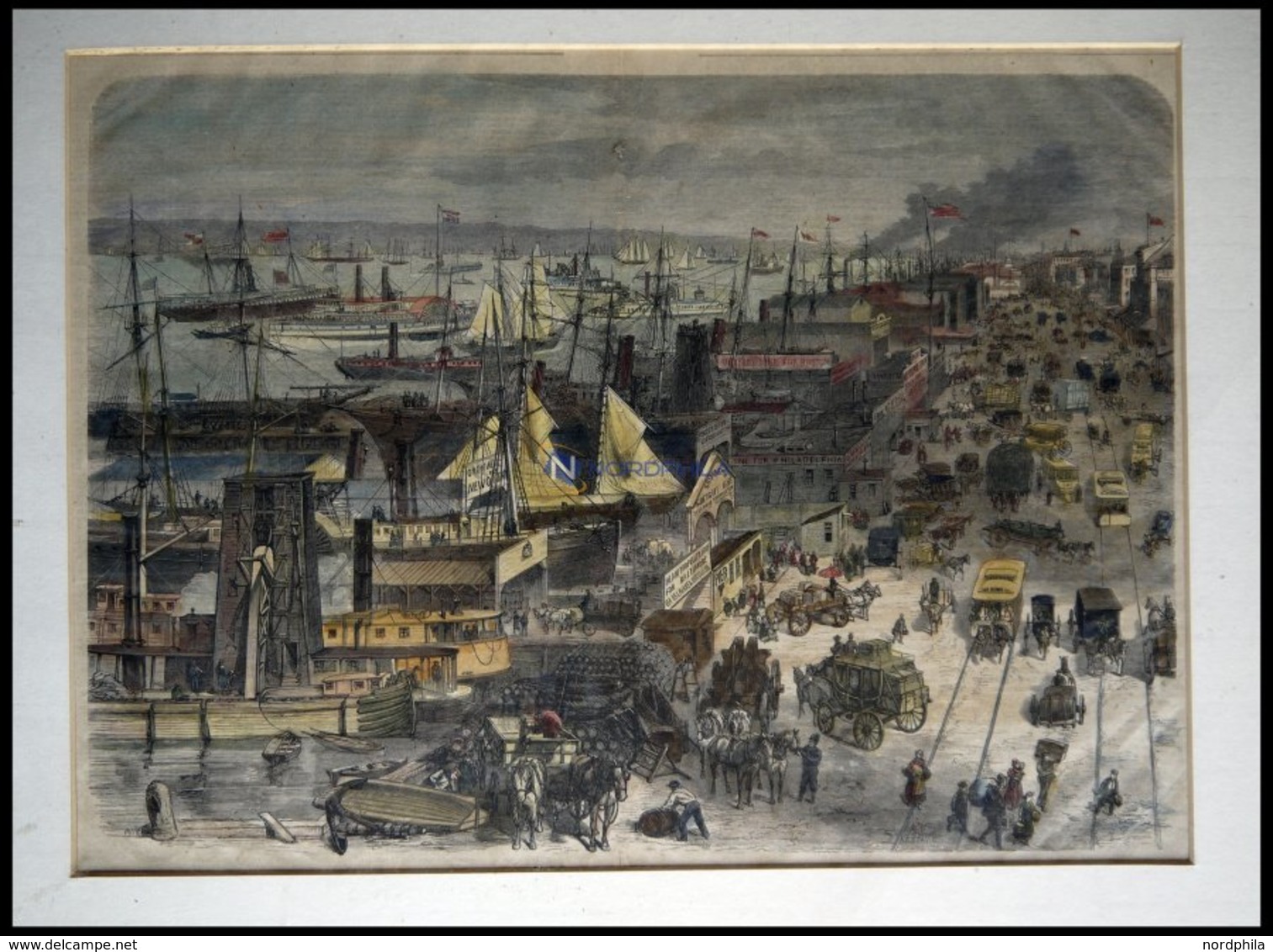 USA: New York, Der Hafen Mit Docks An Der West-Side Mit Schöner Fuhrwerks -und Personenstaffage, Kolorierter Holzstich U - Lithographies