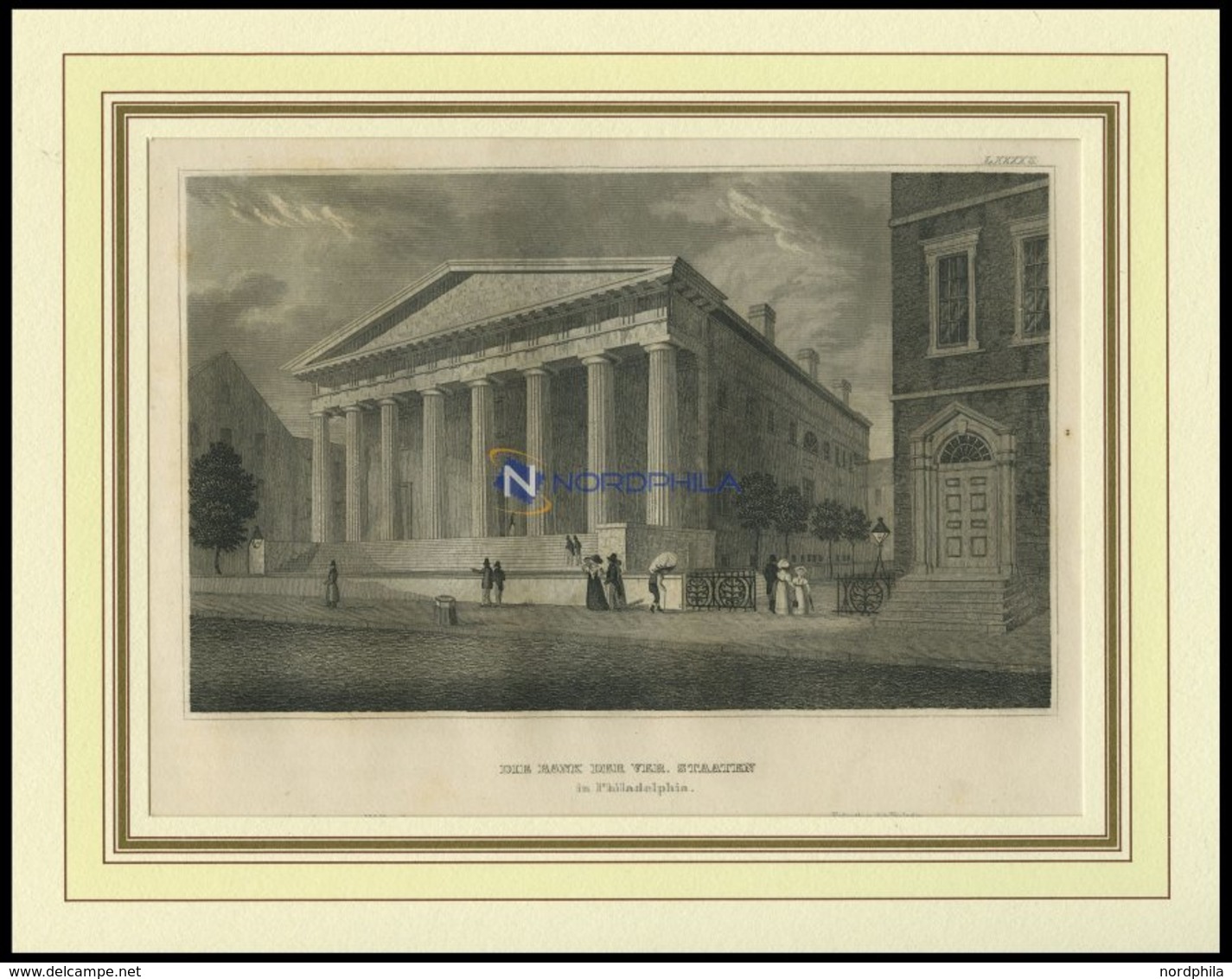 USA: Philadelphia, Die Bank Der Vereinigten Staaten, Stahlstich Von B.I. Um 1840 - Litografía