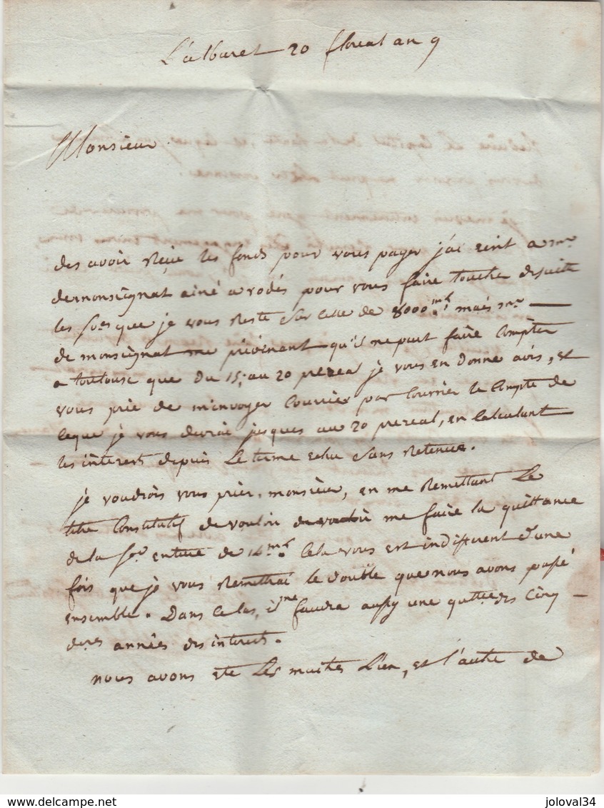 Lettre De Daude à L' Albaret Marque Postale 11 ESPALION Aveyron 10/3/1801 An 9 à St Léonard Toulouse Haute Garonne - 1801-1848: Précurseurs XIX