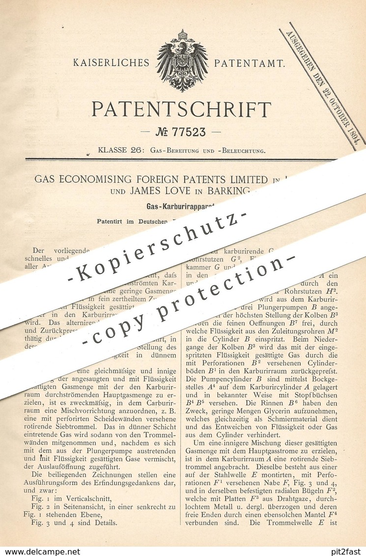 Original Patent - Gas Economising Foreign Patens Limited , London | James Love , Barking , 1893 | Gas Karburieren | Gase - Historische Dokumente