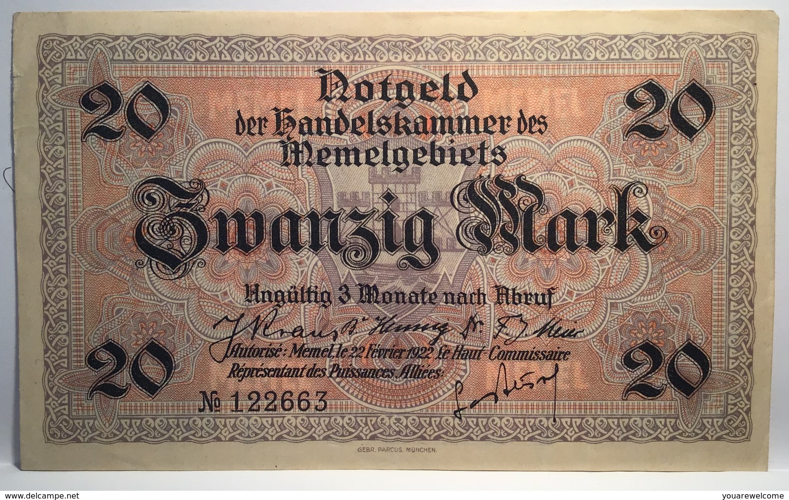 Memel 1922 20 Mark Ro.851a XF-AU Notgeld Handelskammer Memelgebiet(billet Geldschein Russia Banknote France Lithuania - 1° Guerre Mondiale