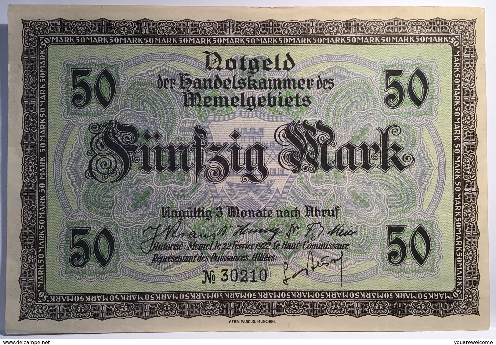 Memel 1922 50 Mark Ro.852a UNC- Notgeld Handelskammer Memelgebiet(Geldschein Russia Banknote Billet France Lithuania - 1. WK