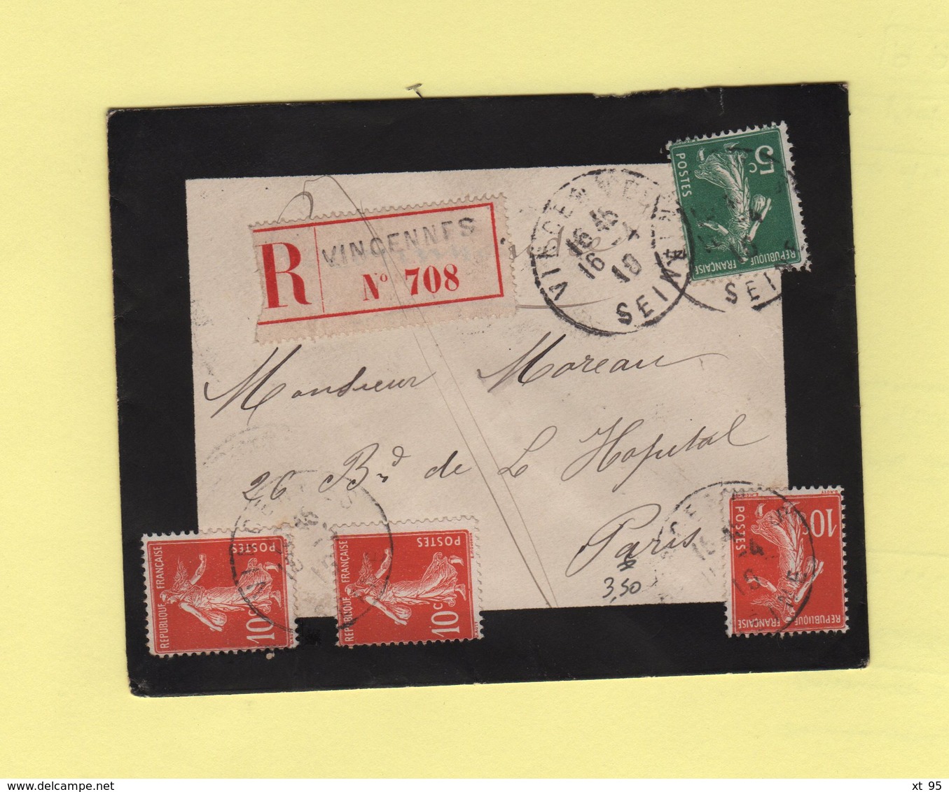 Type Semeuse - Vincennes - Seine - 16-4-1910 - Recommande - 1877-1920: Période Semi Moderne