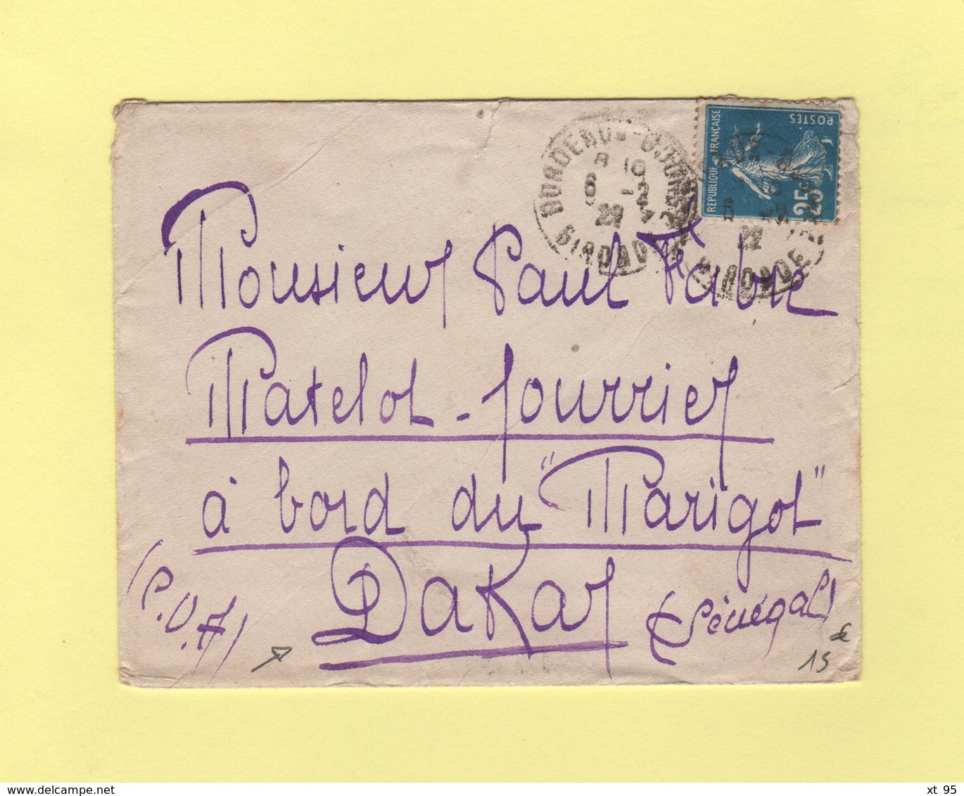 Type Semeuse - Destination Dakar A Bord Du Navire Marigot - Bordeaux - 6-2-1922 - 1877-1920: Période Semi Moderne