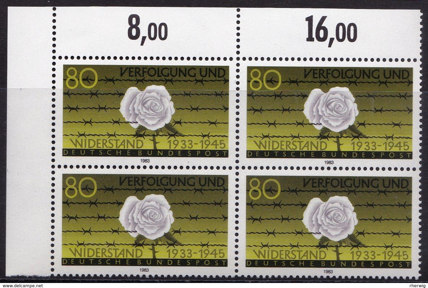 BRD, 1983, Nr.1163 **,  Viererblock Mit Eckrand Oben Links, "Verfolgung Und Widerstand" - Neufs