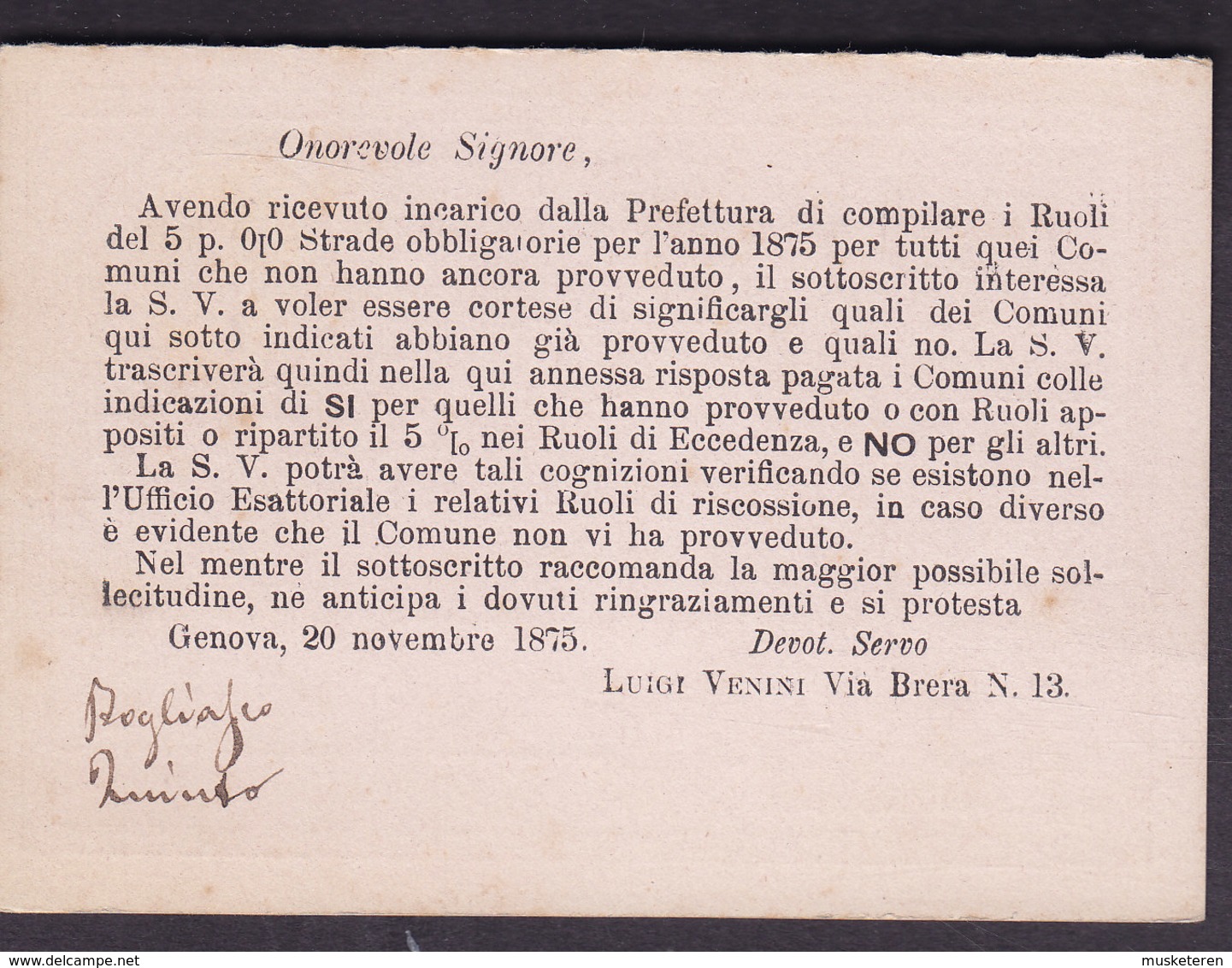 Italy Postal Stationery Ganzsache Entero Vittorio Emanuele II. Con Riposta PRIVATE Print LUIGI VENINI GENOVA 1875 NERVI - Interi Postali