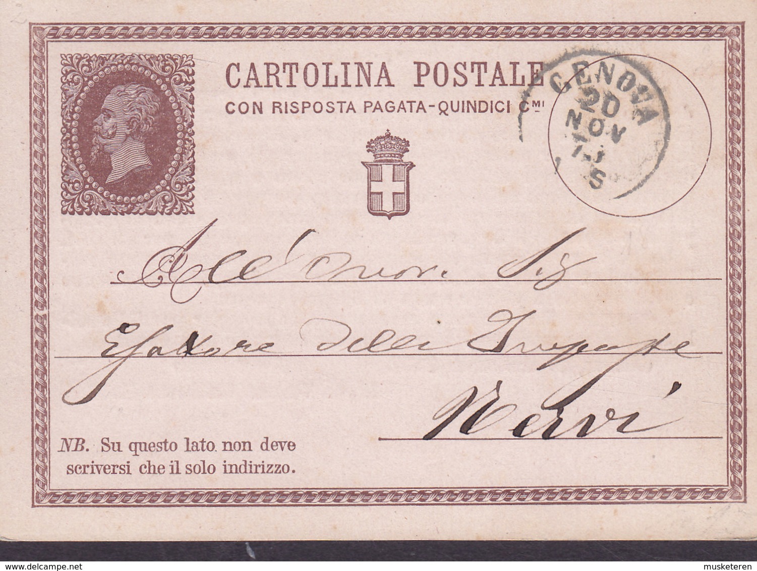 Italy Postal Stationery Ganzsache Entero Vittorio Emanuele II. Con Riposta PRIVATE Print LUIGI VENINI GENOVA 1875 NERVI - Interi Postali